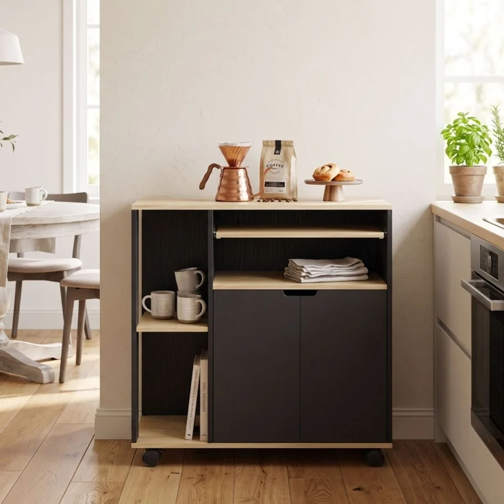 Küchenwagen 80 x 40 x 82 cm in Schwarz mit Arbeitsplatte, Schrank und Rollen – Bild 2