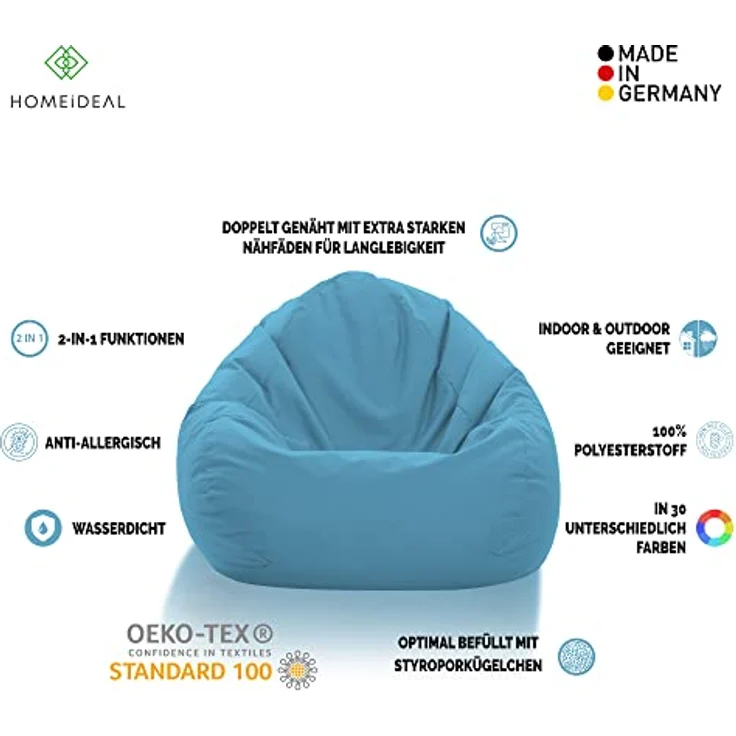 HomeIdeal - Sitzsack XXL Bodenkissen für Erwachsene & Kinder - Geeignet für Gaming oder Entspannen - Indoor wie Outdoor da er Wasserfest ist - mit EPS Perlen, Farbe:Hellblau, Größe:XXL – Bild 3