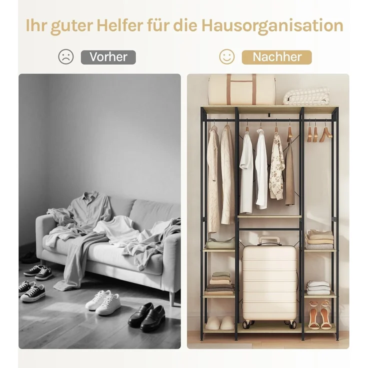 Woltu Kleiderständer, (1 St), Garderobenständer, mit Ablagen Hell Eiche+Schwarz – Bild 5