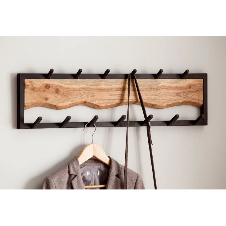 Wandgarderobe Akazie Massivholz Metall 80x20x8cm Hakenleiste Wellenmuster – Bild 4