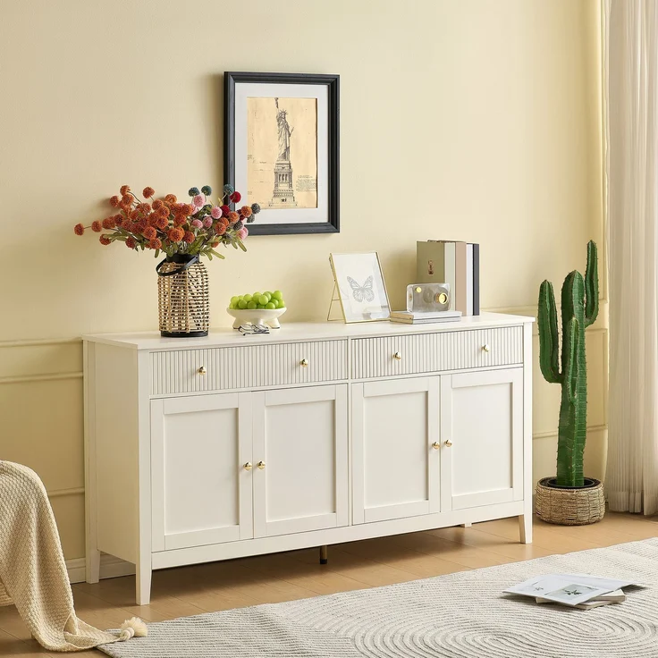 DESVIAE Sideboard mit 2 Schubladen und 4 Türen 160x82x40 cm aus MDF Weiß – Bild 1