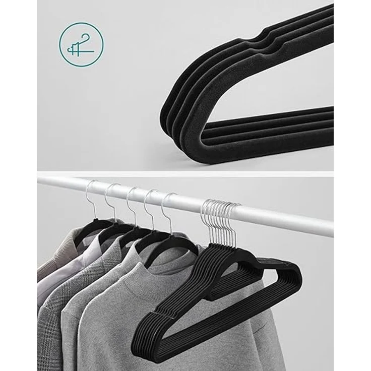 SONGMICS Kleiderbügel Samt, 20er Set, Bügel, rutschfest, kleine Stange für Krawatten, 360° drehbarer Haken, 0,6 cm dick, platzsparend, 43,5 cm lang, für Mäntel, Hosen, Silber-Schwarz CRF20B – Bild 2