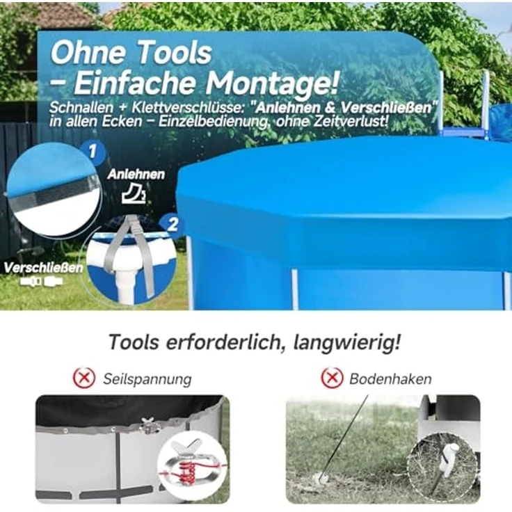 Sekey Poolabdeckung Rund 366 cm – Passend für Runde Stahlrahmenbecken Verstellbare Schnallen & Klettverschlüssen Wind- & Staubdicht Reißfestes Hochdichtes Abdeckplane | Blau – Bild 4