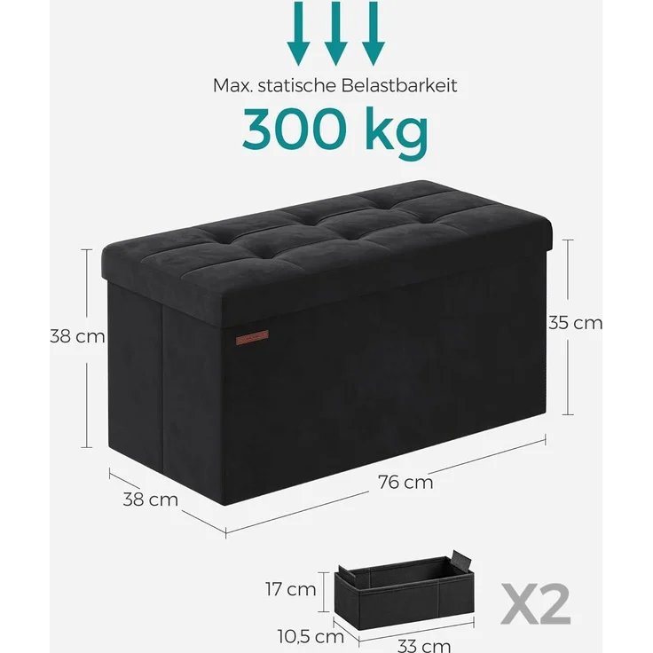 Songmics Sitztruhe mit Stauraum, Samt tintenschwarz, 38 x 38 x 76 cm – Bild 3