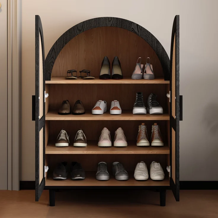 Schuhschrank/Sideboard mit Rattantüren & Metallgestell, 70x40x100 cm, Natur/Schwarz – Bild 5