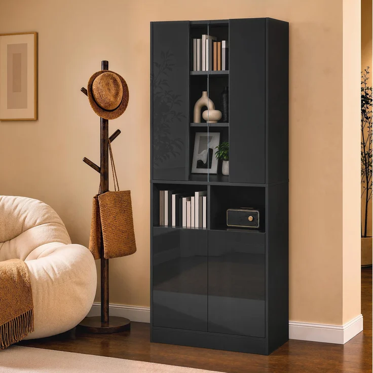 DESVIAE Garderobenschrank Hochschrank Schwarz aus MDF/Spanplatte – 70x180x35 cm – LED-Beleuchtung, Acryl-Sichtfenster – Bild 6