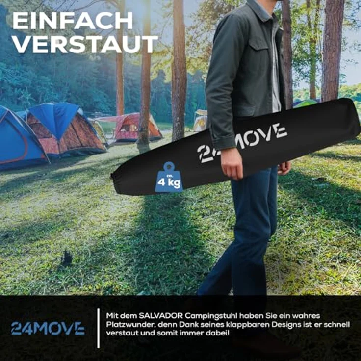 24Move Campingstuhl Campingstuhl faltbar inkl. Tragetasche, bis 150kg belastbar, schwarz (bequeme Arm- und Rückenlehne), Gartenstuhl, Klappstuhl gepolstert – Bild 7