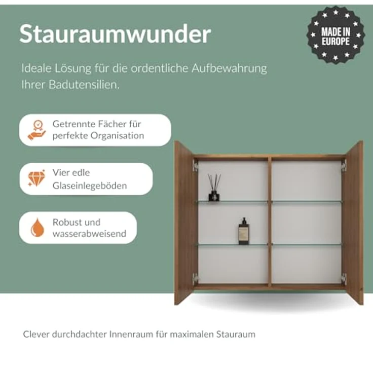 Planetmöbel ARIA Spiegelschrank Bad mit Beleuchtung 80 cm breit | Badschrank hängend mit Spiegel | Gold Eiche, mit Leuchte und Steckdose, Spiegelschrank Gäste WC 80 x 70 x 16 cm – Bild 6