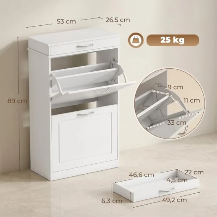 HOMCOM Schuhkipper Schuhschrank mit 2 Klappen für 8 Paar Schuhe, schmal und wasserabweisend, Weiß, 53 x 26,5 x 89 cm – Bild 3