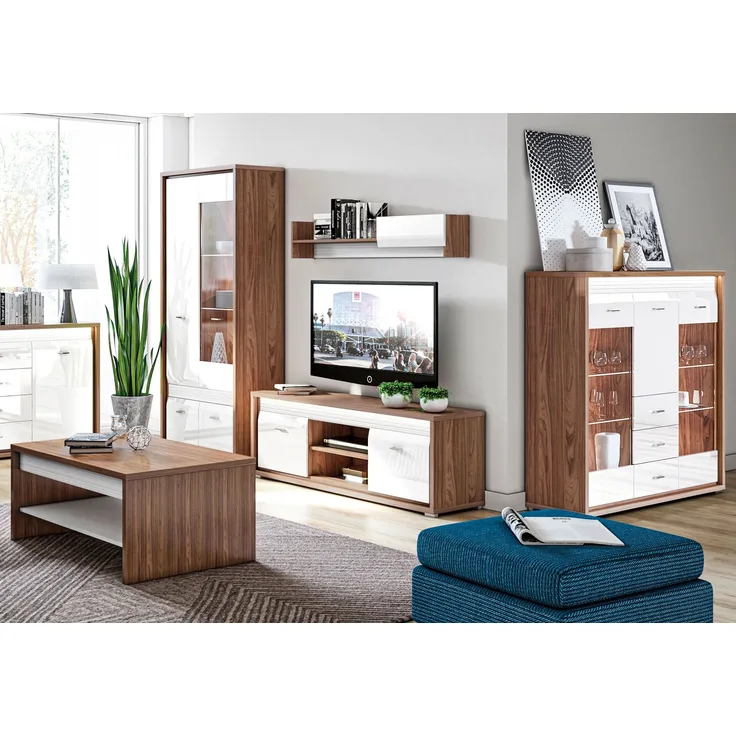 Wohnzimmer-Set ""Dallas"" Wohnwand 5-teilig Walnuss MDF weiß Hochglanz