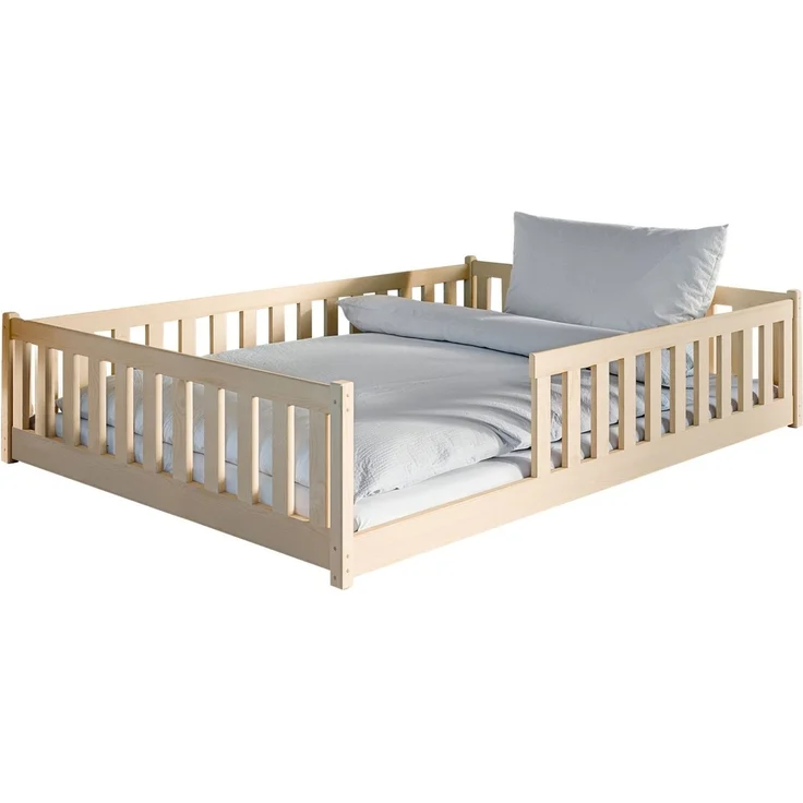 Kinderbett Bodenbett 140x200 cm Bett mit Rausfallschutz & Lattenrost Montessori Bett Bed Gitterbett Kinder Jugendbett Einzelbett optional mit Matratze | Natur Kiefer Holz massiv Junge Mädchen – Bild 2