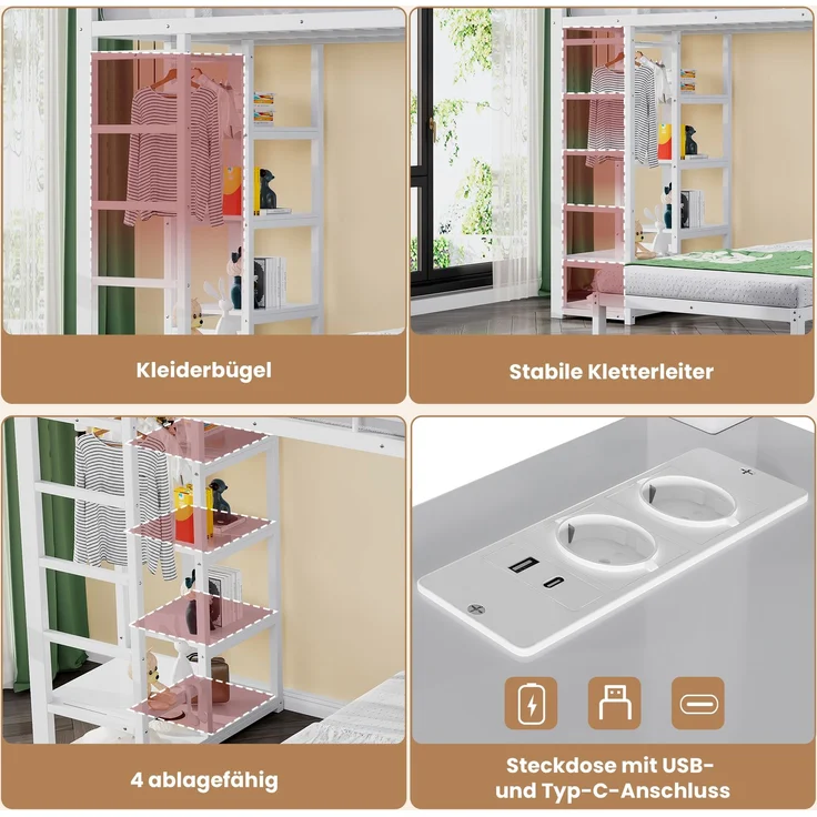 Hochbett 90×200 cm mit EN747-Schutz, Schreibtisch, Weiß, ohne Matratze – Bild 6