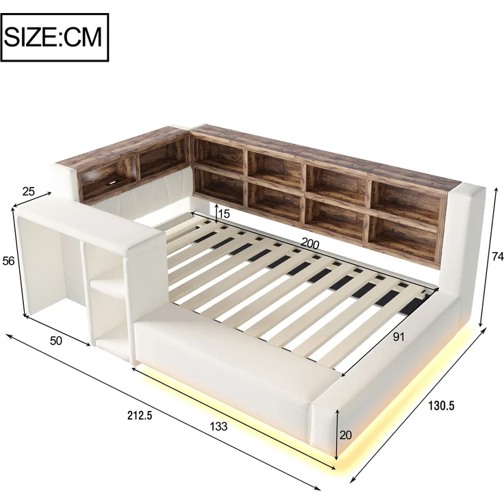 U-life Polsterbett 90x200 cm, fürs Schlafzimmer, Mit Polsterbezug, Mit Mehrstufigen Stauräumen, LED-Beleuchtung, Integrierten, Samtstoff, Beige – Bild 8