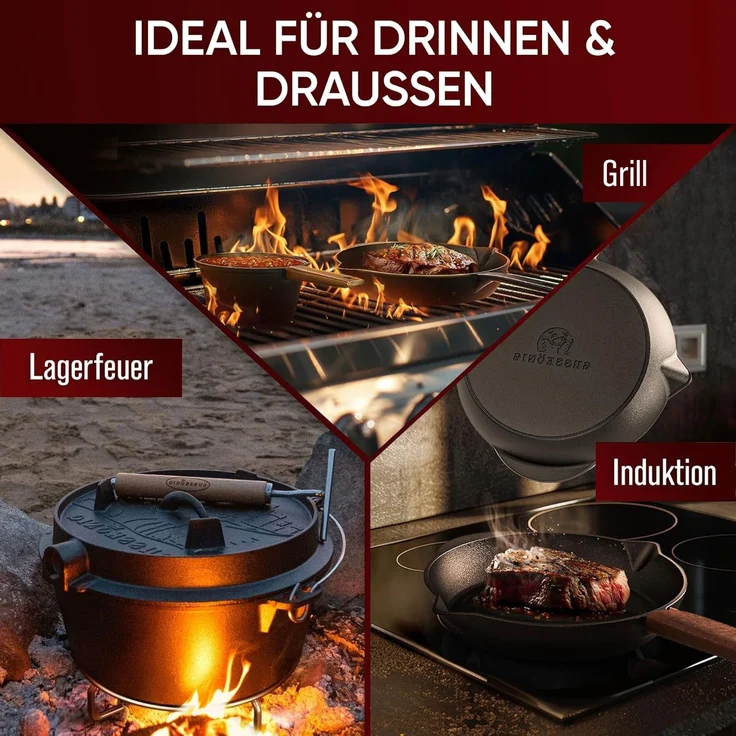 GUSSKÖNIG Dutch Oven in Holzbox 9tlg. mit Bratpfanne Saucentopf Untersetzer Deckelheber – Bild 9