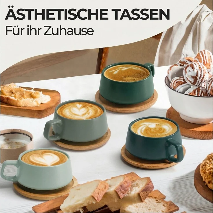 MiaMio Cappuccinotasse Luxe Evergreen Grün, 8-tlg, Keramik, 320 ml, mit Holzuntersetzern – Bild 2