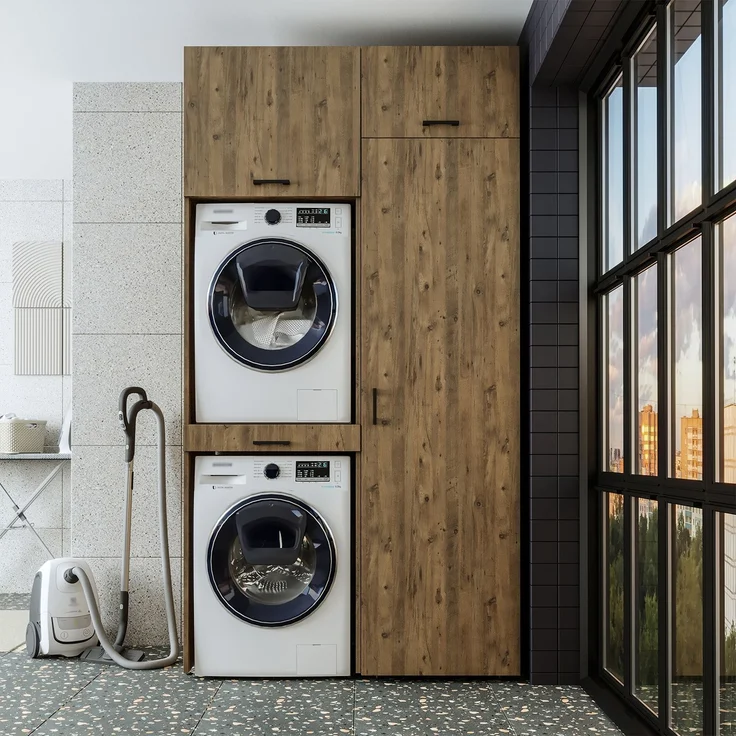 Roomart Waschmaschinenschrank & Trocknerschrank – SERIE DUO-I- 127 cm breit - Trockner auf Waschmaschine – Waschturm / Überbauschrank für Waschküche & Hauswirtschaftsraum • Eiche – Bild 4