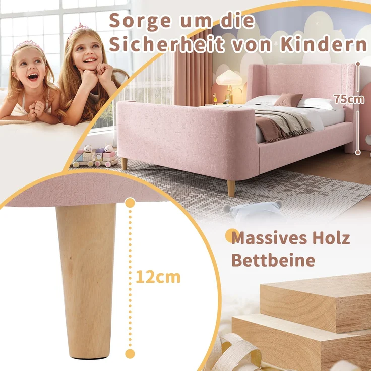 Merax Kinderbett Polsterbett,Einzelbett Schlittenbett mit kosmischem Muster, 90 x 200 cm, Für Jungen & Mädchen, Rosa, Samt (Ohne Matratze) – Bild 6