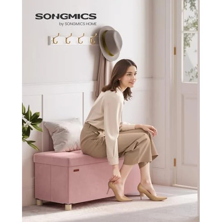 SONGMICS Sitzbank mit Stauraum, Hocker faltbar, 38 x 76 x 38,5 cm, Aufbewahrungsbox mit Deckel, Fußhocker 77 L, Samt, bis 300 kg belastbar, Flur Wohnzimmer Schlafzimmer, pastellrosa LSF0517R01 – Bild 2