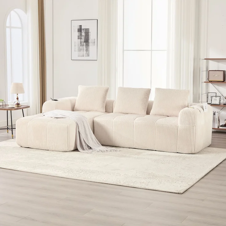 LVHOM Ecksofa 3 sitzer, Bodensofa mit Seitentaschen und Getränkehalter, Polstersofa aus Cordstoff, frei Kombination, Modulares Chaiselongue-Sofa-Set, 253x158x61 cm – Bild 10