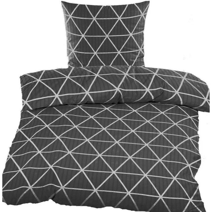 KH-Haushaltshandel Bettwäsche 4-tlg. Seersucker Bettwäsche 2x (135x200 +80x80cm), grau weiß, Seersucker, 4 teilig, gemustert mit Dreiecken, bügelfrei