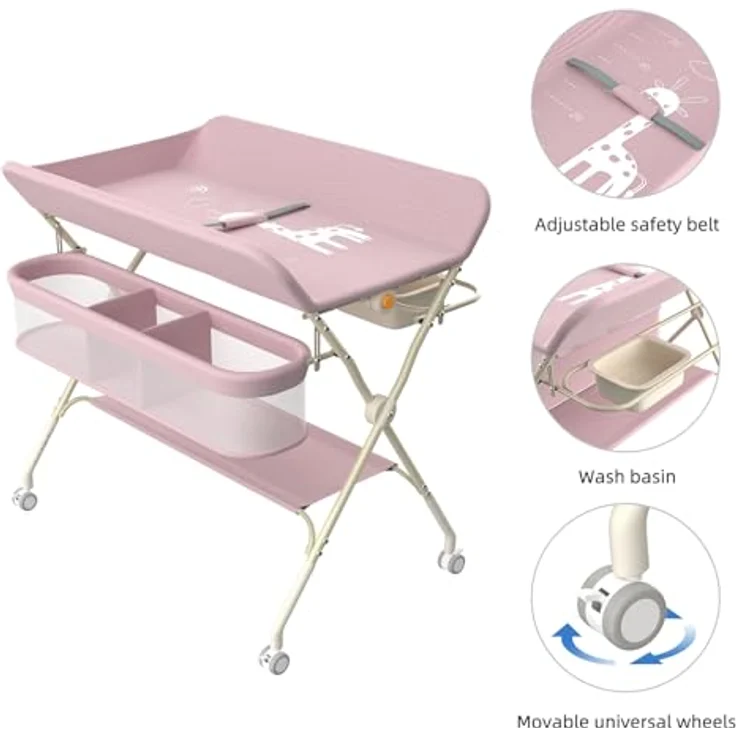 Wickeltisch, zusammenklappbar, mit Aufbewahrungskorb, Struktur aus Eisen, max. Belastung 25 kg, für Neugeborene, ergonomisches Design, Wickeltisch, 75 x 68 x 83–91 cm (A) Rosa – Bild 5
