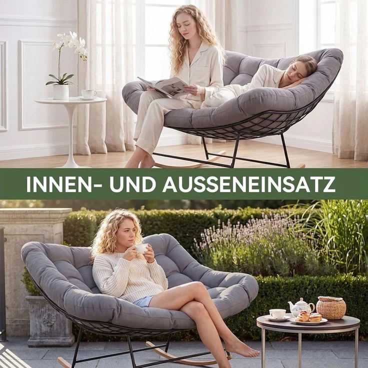 AOXUN Schaukelstuhl XXL Doppelschaukelstuhl für Innen & Außen, bis 200 kg belastbar (1 St), Ergonomischer Groß-Sitz mit dicker PP-Polsterung, einfache Montage – Bild 4
