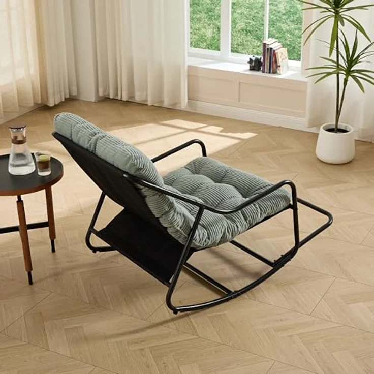Ball & Cast Schaukelstuhl für Drinnen & Draußen, Rocking Chair mit Gepolstertem Kissen und Fußstütze, Balkonsessel für Wohnzimmer, Garten & Terrasse, Hellgrün – Bild 4