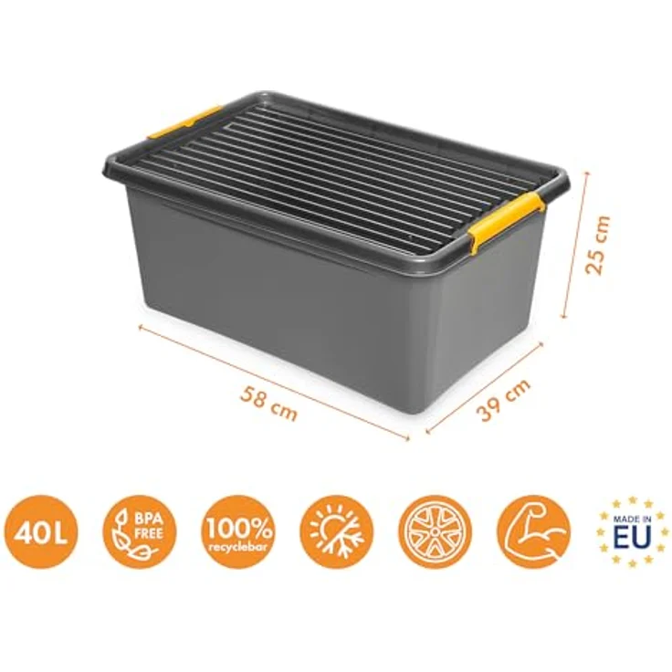 Kreher Aufbewahrungsbox 'Solid Box' aus Kunststoff mit Deckel und Rollen (Set/Volumen wählbar) (2 St) – Bild 3