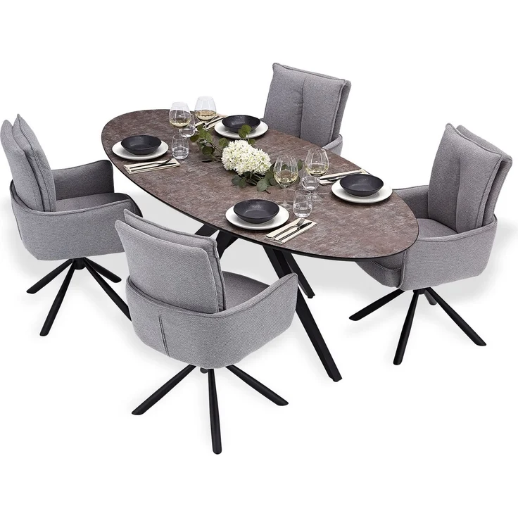Esstisch mit 4 Stühlen Set Essgruppe Polsterstühle Drehbar Stoff Grau Esszimmertisch Oval Modern Metall Braun Schwarz – Bild 2