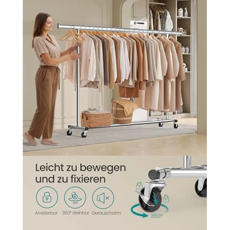 SONGMICS Kleiderständer auf Rollen, Schwerlast-Garderobenständer, ausziehbare Kleiderstange, bis 150 kg belastbar, einfache Montage, transportabel, silbern HSR175E01 – Bild 5