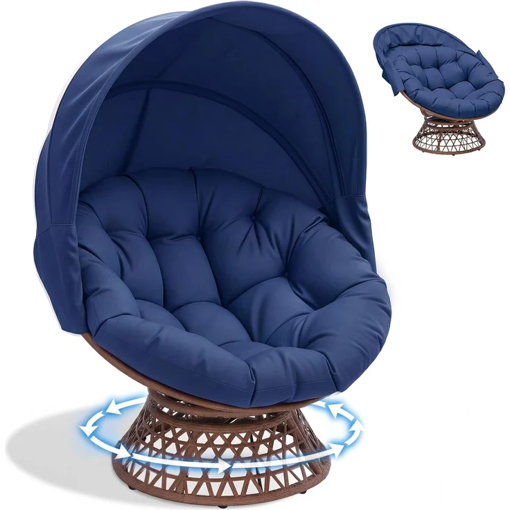 COMHOMA Papasansessel, gemütlicher Drehsessel mit Kissen rund, bequemer Rattansessel, Loungesessel drehbar, runder Relax Korbsessel Rattan für Wohnzimmer, Leseecke, Lounge - BLAU – Bild 1
