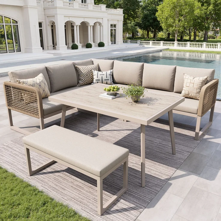 Merax Gartenmöbel Set mit Sitzkissen & Rückenkissen, Garten-Lounge-Set, Garten Loungesessel für 6-8 Personen, SetHandgeflochtene PE-Rattan Polstergruppe, Beige – Bild 1