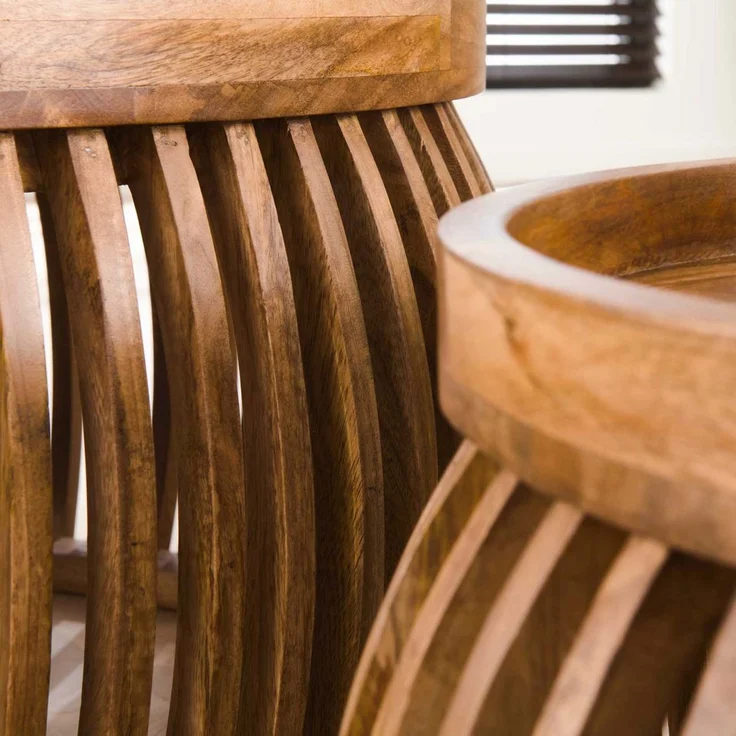Couchtisch 2er-Set Mangoholz massiv, modernes Lamellen Design, rund in Braun, montiert geliefert – Bild 4