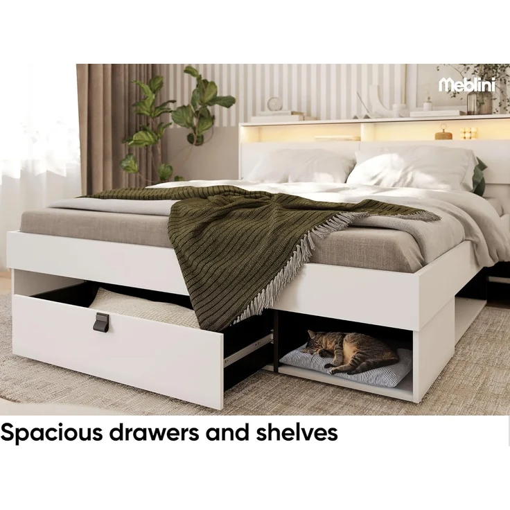 MEBLINI Funktionsbett 180x200 – SMARTEE mit Lattenrost und Matratze – Weiß/Schwarz - Schrankbett mit LED - Bett mit Stauraum - Doppelbett mit Schubladen - Stauraumbett - Bettkästen mit Aufbewahrung – Bild 4