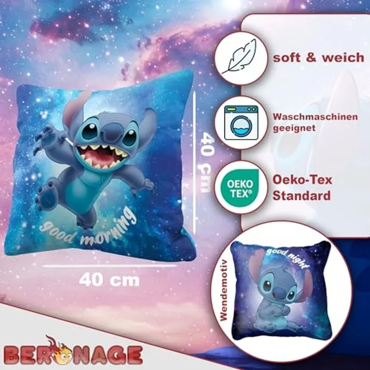 BERONAGE Dekokissen Lilo & Stitch Kissen Out of The World 40x40 cm Good Morning Good Night, passend zur Bettwäsche, ideal für Sofa, Couch, Kinder-Bett, Auto – Bild 2