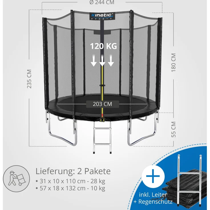 KINETIC SPORTS Trampolin Outdoor 'Salto Plus' - Komplett-Set für Kinder, USA Sprungtuch, Netz, Randpolster, Leiter, Schwarz-2, Ø 244 cm – Bild 7