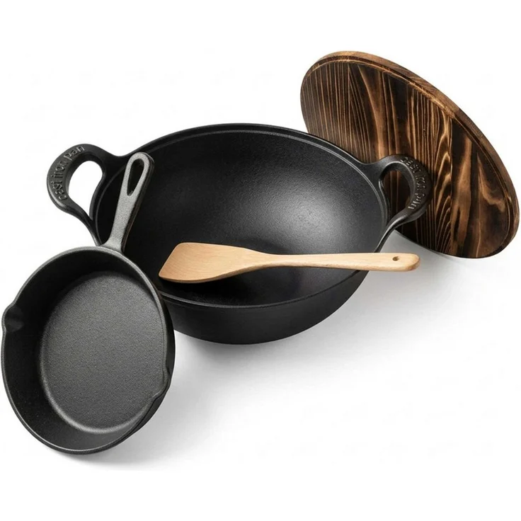 BIG-PAN Wok Gusseisen Kazan 5 L mit Holzdeckel, Pfanne 18,5 cm & Holzspate, Gusseisen (Wokpfanne-Set induktionsgeeignet, alle Herdarten Grill Backofen), Schmortopf Asiapfanne Wokpfanne – Bild 1