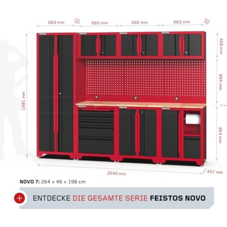 Feistos Werkstatteinrichtung "Juno 23", schwarz/rot, 264 x 46 x 198 cm (B x T x H),1 Hochschrank – Bild 2