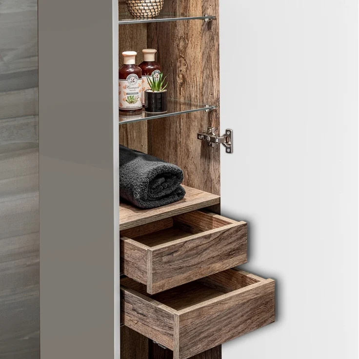 Badmöbel Hochschrank PUEBLA-56-TAUPE in taupe mit Vintage Oak Eiche, 1 Tür, B/H/T: 35/160/33 cm – Bild 6