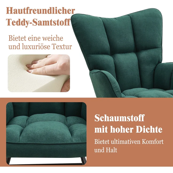 HOME NATURE WOHNKONZEPT Schaukelstuhl, gepolsterter Relaxsessel mit hoher Rückenlehne, Armlehnen und rutschfesten Füßen, für Wohnzimmer und Schlafzimmer, 71 × 49 × 98,5 cm, Grün – Bild 5