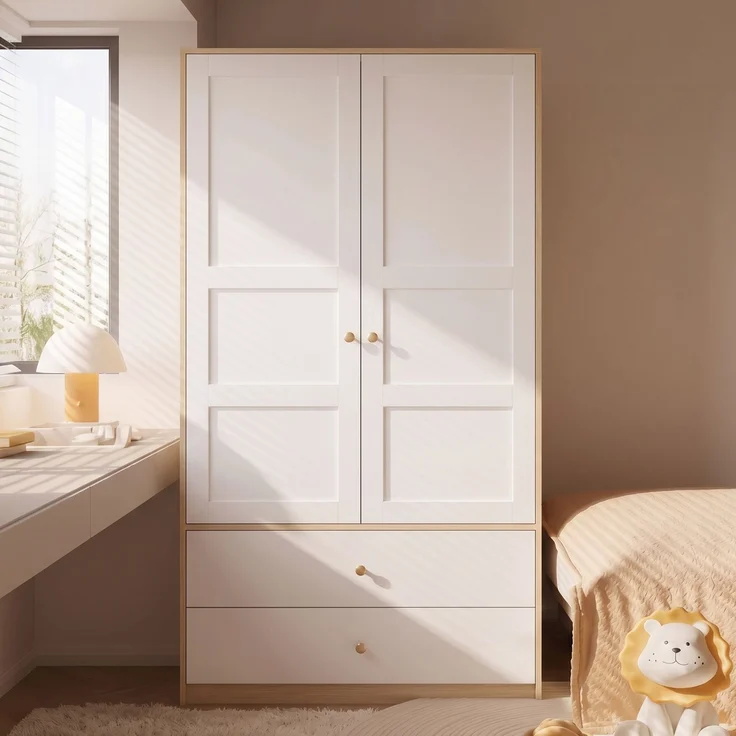 ZUBALIYA Doppeltüriger Kleiderschrank, 2-türiger Kleiderschrank, mit 2 Schubladen und Kleiderstange, Schlafzimmermöbel, Garderobenschrank, Kleiderschrank mit Kleiderstange, 100 x 48 x 180 cm,Weiß und Holzoptik – Bild 5