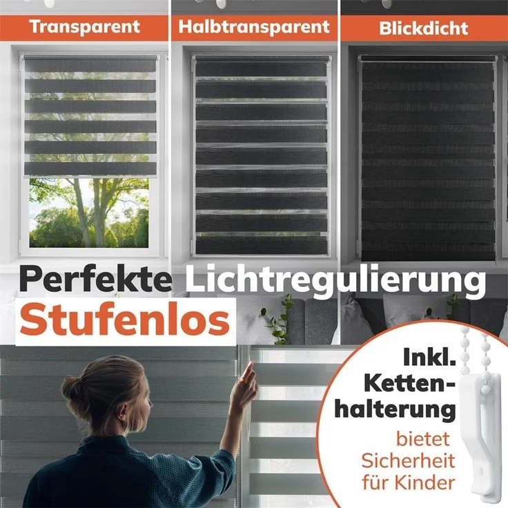 Doppelrollo Klemmfix ohne Bohren weiß 95x140 cm [Stoffbreite 91cm] Duo Rollo für Fenster/Türen Gardine Zebrarollo - Breite (cm): 95, Farbe: Weiss , Höhe (cm): 140 – Bild 5