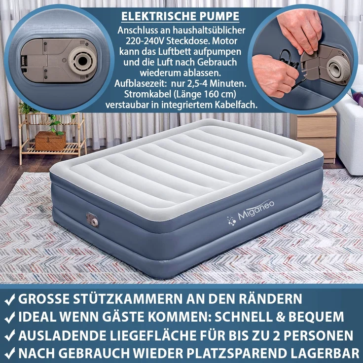 Miganeo Luftbett 203 x 152 x 51 cm Deluxe | mit integrierter Elektropumpe – Bild 3