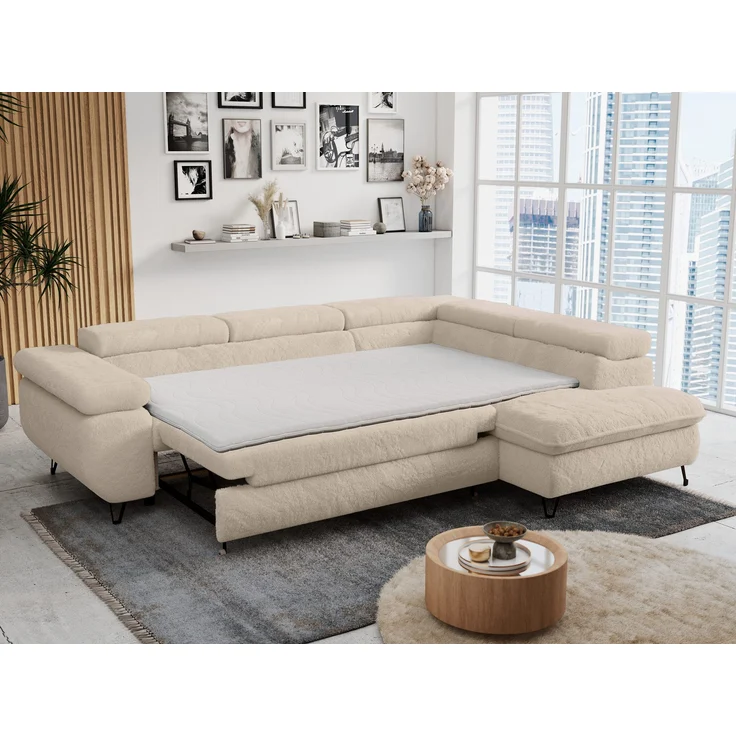 Ecksofa mit Bettfunktion, Modern Sofa, L-form, Einstellbare Kopfstützen, Bettkasten - PETER - Creme Plüsch - Topper T25 - rechts – Bild 5