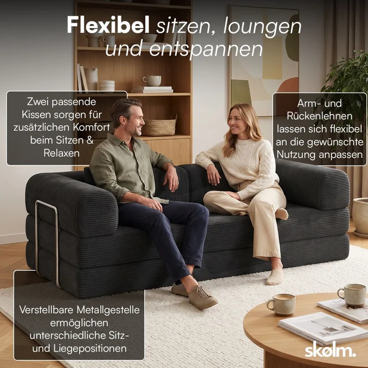 skølm 'Lofn' Modulares Sofa 2 Sitzer, 200x100 cm, Vollschaumcouch mit Metallgestell, Cord schwarz, Schlafsofa vakuumverpackt, kein Aufbau erforderlich – Bild 4
