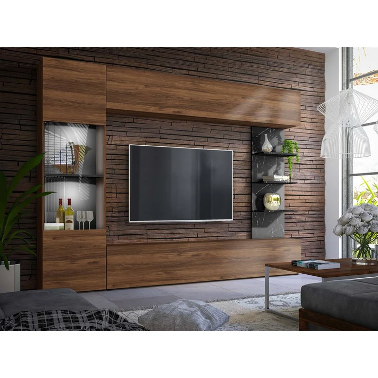Wohnwand Lazando, mit weißer LED Beleuchtung, Farbe: Nuss Warmia / Marmor Schwarz – Bild 3