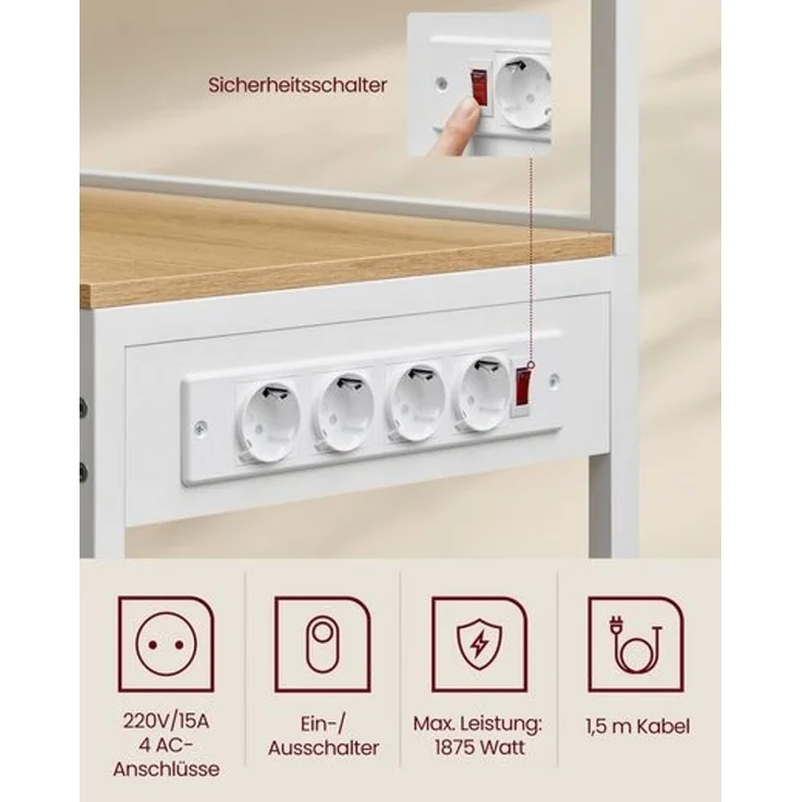 Vasagle Küchenregal, Standregal mit Steckdosen, Mikrowellen-Regal, kaffeebar, Bäckerregal, 8 S-Haken, mit Korb, Gewürzregal, goldeichenfarben-wolkenweiß KKS031Y19 – Bild 2