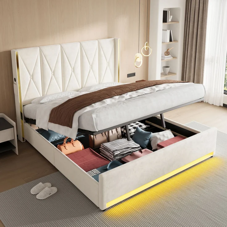 TavilaEcon Boxspringbett Veloursbett mit hohem Kopfteil, Seitentaschen & USB beige Liegefläche 180 × 200 cm – Bild 1
