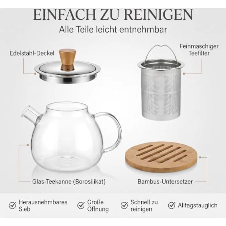 hausleben Teekanne Glas mit Edelstahl-Sieb Untertelle 1,5 Liter, (1-St), Bambus Unterteller Tropffrei, Hitzebeständig, Spülmaschinenfest – Bild 5