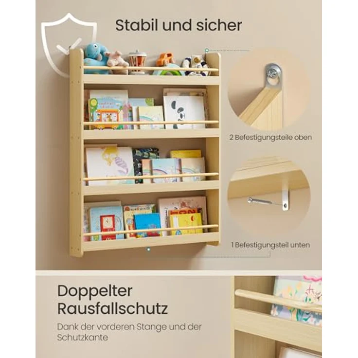 SONGMICS Bücherregal Kinder, Kinderregal mit 4 Ebenen, Spielzeugregal, Wandregal, für Kinderzimmer, Spielzimmer, naturfarben GKR014YZ01 – Bild 5